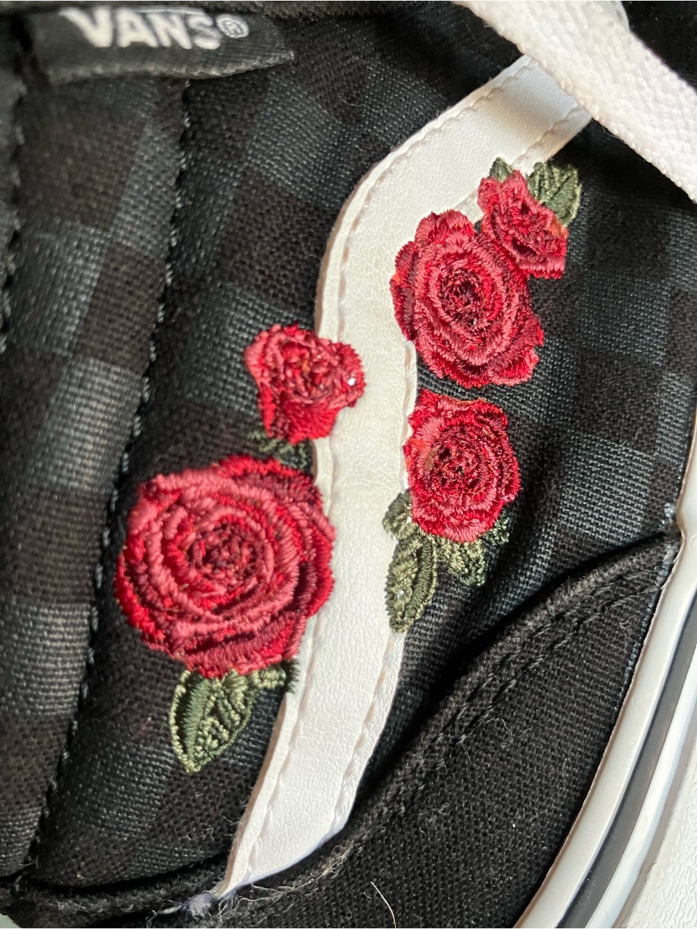 Vans Black Checkerboard Sneaker with Red Rose Embroidery - Picture 5 of 6